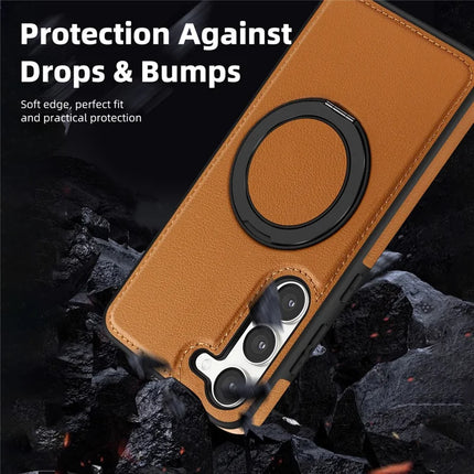 For Samsung Galaxy S23 Magnetic Case Rotate Ring Kickstand PU Leather+PC+TPU Back Cover