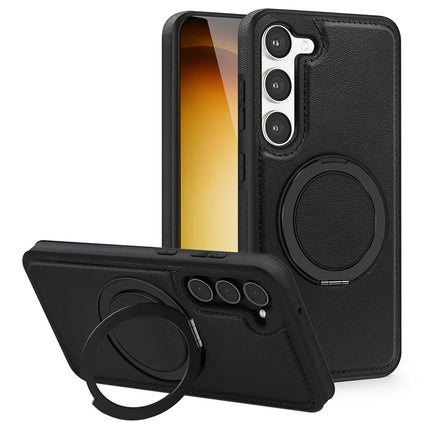 For Samsung Galaxy S23 Magnetic Case Rotate Ring Kickstand PU Leather+PC+TPU Back Cover - Black