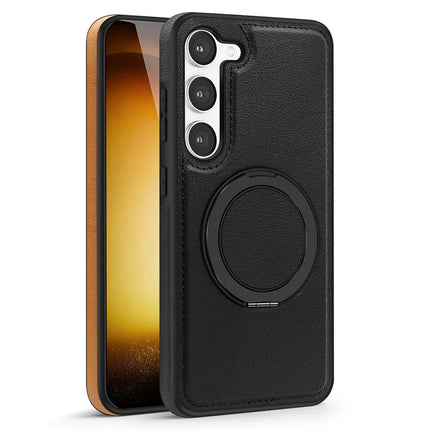 For Samsung Galaxy S23 Magnetic Case Rotate Ring Kickstand PU Leather+PC+TPU Back Cover
