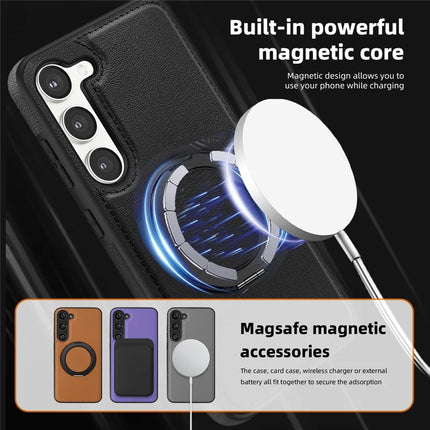 For Samsung Galaxy S23 Magnetic Case Rotate Ring Kickstand PU Leather+PC+TPU Back Cover