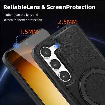 For Samsung Galaxy S23 Magnetic Case Rotate Ring Kickstand PU Leather+PC+TPU Back Cover