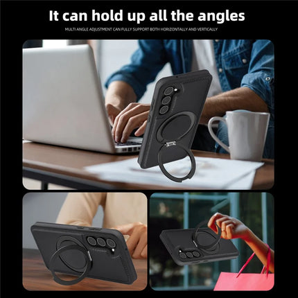 For Samsung Galaxy S23 Magnetic Case Rotate Ring Kickstand PU Leather+PC+TPU Back Cover
