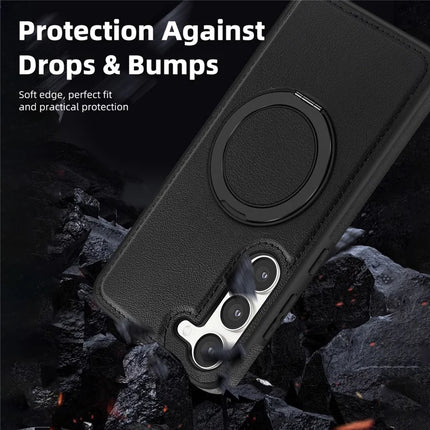 For Samsung Galaxy S23 Magnetic Case Rotate Ring Kickstand PU Leather+PC+TPU Back Cover