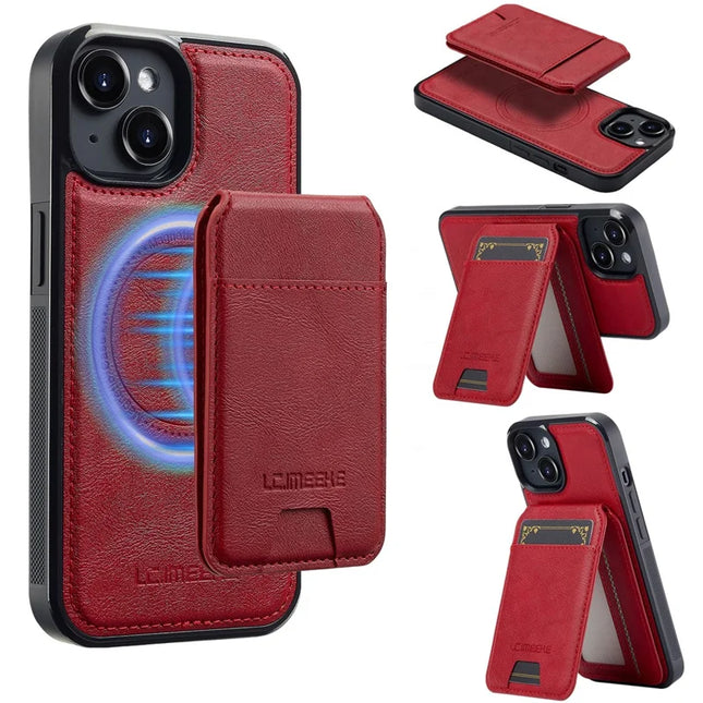 LC.IMEEKE L3 For iPhone 14 Magnetic Case Detachable Card Holder Leather+TPU Mobile Cover - Red