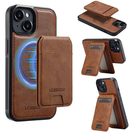 LC.IMEEKE L3 For iPhone 14 Magnetic Case Detachable Card Holder Leather+TPU Mobile Cover - Brown