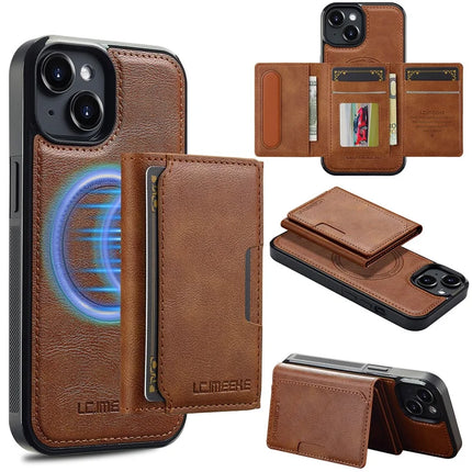 LC.IMEEKE L5 For iPhone 14 Magnetic Phone Case Leather Back Cover with Detachable Card Holder - Brown