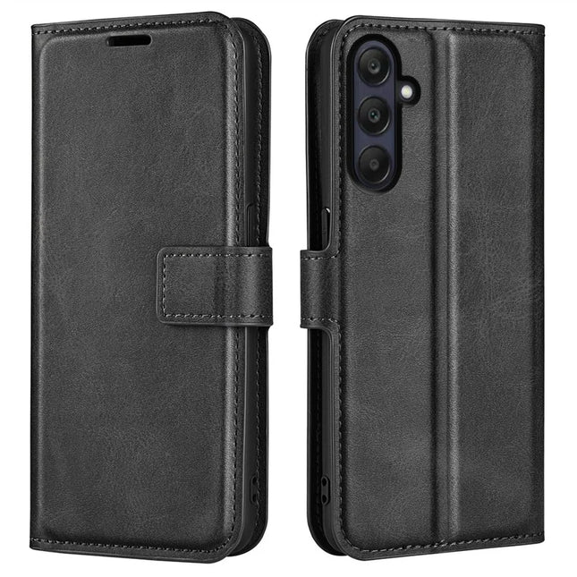 For Samsung Galaxy A26 5G Stand Case Anti-Scratch Calf Texture Leather Phone Cover - Black