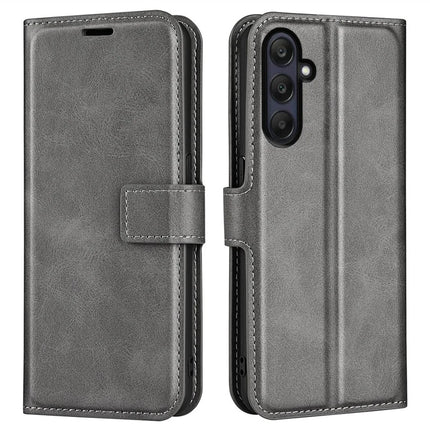 For Samsung Galaxy A26 5G Stand Case Anti-Scratch Calf Texture Leather Phone Cover - Grey