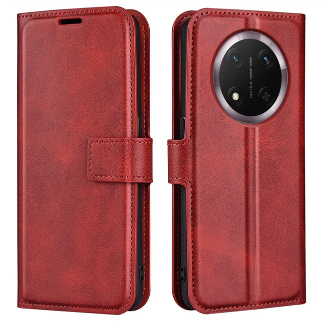 For Honor Magic7 Lite 5G / X9c 5G / X60 Pro 5G Stand Case Anti-Scratch Calf Texture Leather Phone Cover - Red
