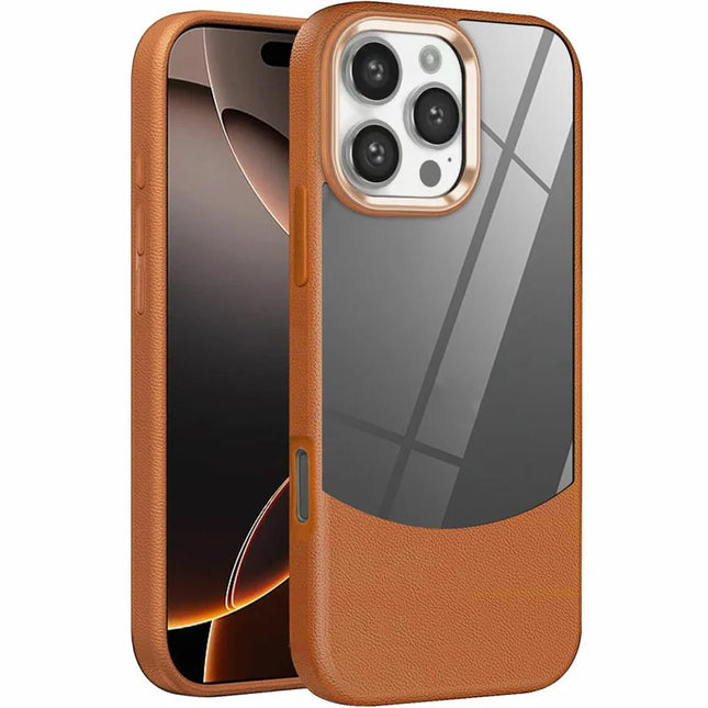 For iPhone 16 Pro Max Case Litchi Texture TPU+Clear Acrylic Protective Phone Cover - Brown