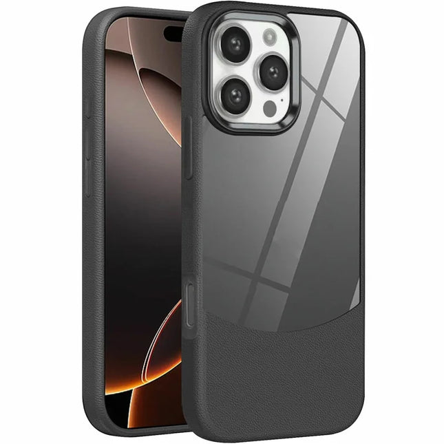 For iPhone 16 Pro Max Case Litchi Texture TPU+Clear Acrylic Protective Phone Cover - Black