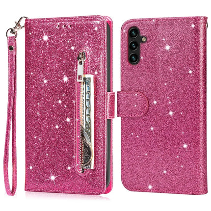 For Samsung Galaxy A26 5G Stand Case Glitter Phone Leather Cover Zipper Pocket - Rose