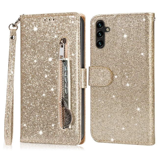 For Samsung Galaxy A36 5G Stand Case Glitter Phone Leather Cover Zipper Pocket - Gold