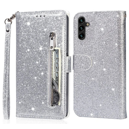 For Samsung Galaxy A36 5G Stand Case Glitter Phone Leather Cover Zipper Pocket - Silver