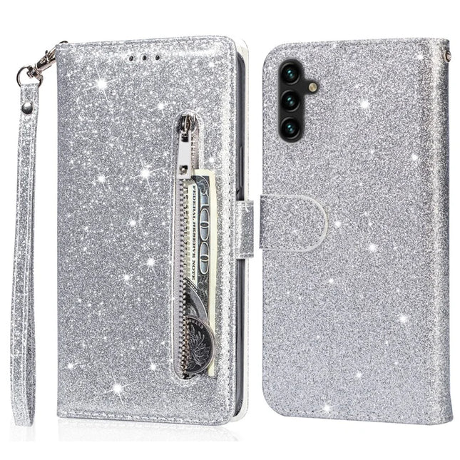 For Samsung Galaxy A36 5G Stand Case Glitter Phone Leather Cover Zipper Pocket - Silver