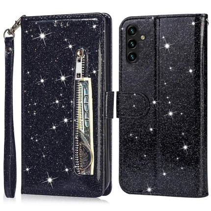 For Samsung Galaxy A36 5G Stand Case Glitter Phone Leather Cover Zipper Pocket - Black