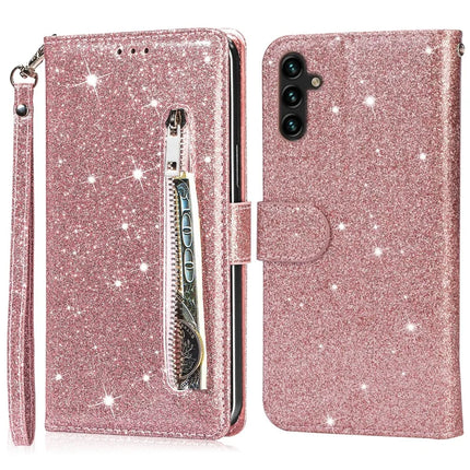 For Samsung Galaxy A36 5G Stand Case Glitter Phone Leather Cover Zipper Pocket - Rose Gold