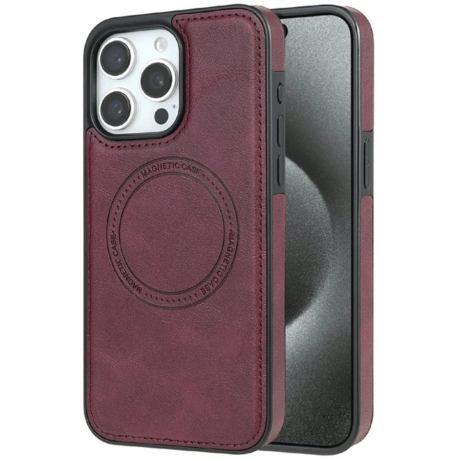 CSJ-P3 For iPhone 16 Pro Max Case Compatible with MagSafe PC+TPU+Leather Back Cover - Wine Red