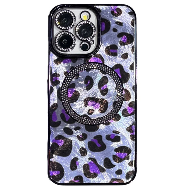 For iPhone 16 Pro Max Case Compatible with MagSafe Epoxy Shockproof Phone Cover Leopard Print - Purple