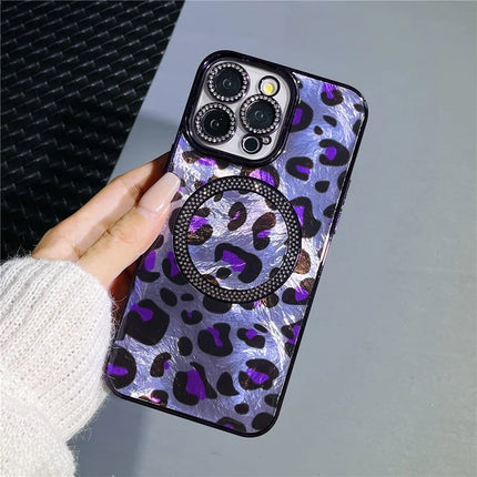 For iPhone 16 Pro Max Case Compatible with MagSafe Epoxy Shockproof Phone Cover Leopard Print