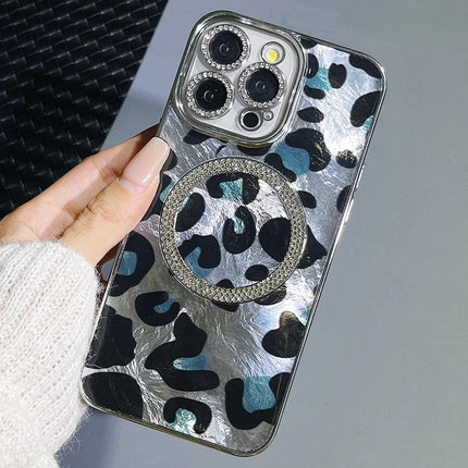 For iPhone 16 Pro Max Case Compatible with MagSafe Epoxy Shockproof Phone Cover Leopard Print - Silver