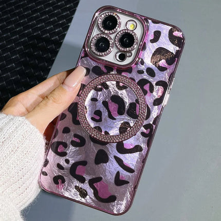 For iPhone 16 Pro Max Case Compatible with MagSafe Epoxy Shockproof Phone Cover Leopard Print - Pink