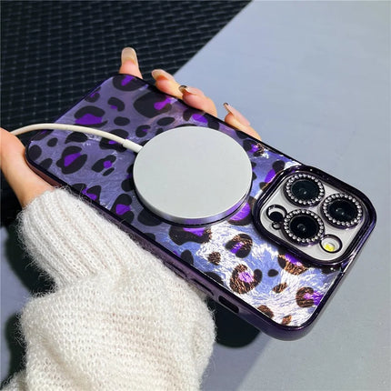 For iPhone 16 Pro Max Case Compatible with MagSafe Epoxy Shockproof Phone Cover Leopard Print
