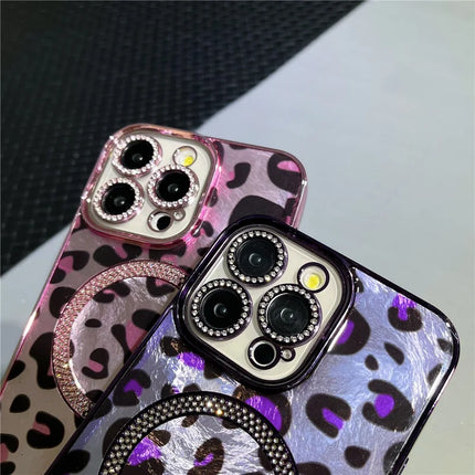 For iPhone 16 Pro Max Case Compatible with MagSafe Epoxy Shockproof Phone Cover Leopard Print