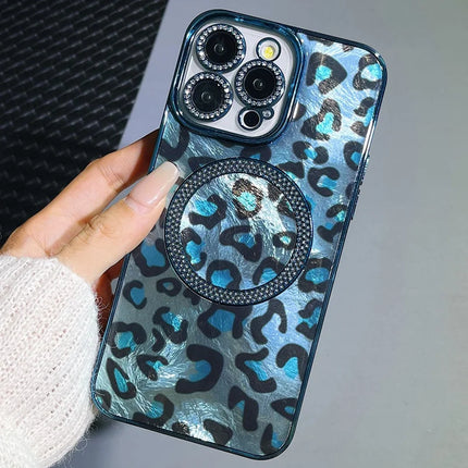For iPhone 16 Pro Max Case Compatible with MagSafe Epoxy Shockproof Phone Cover Leopard Print - Blue