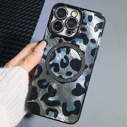 For iPhone 16 Pro Max Case Compatible with MagSafe Epoxy Shockproof Phone Cover Leopard Print - Black