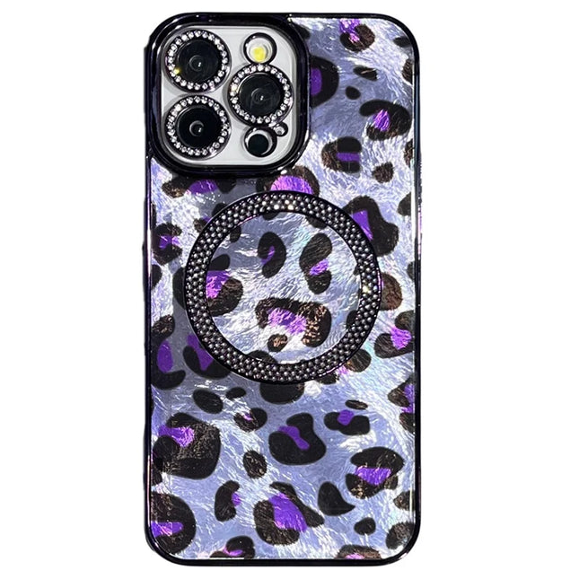 For iPhone 15 Pro Max Case Compatible with MagSafe Epoxy Shockproof Phone Cover Leopard Print - Purple