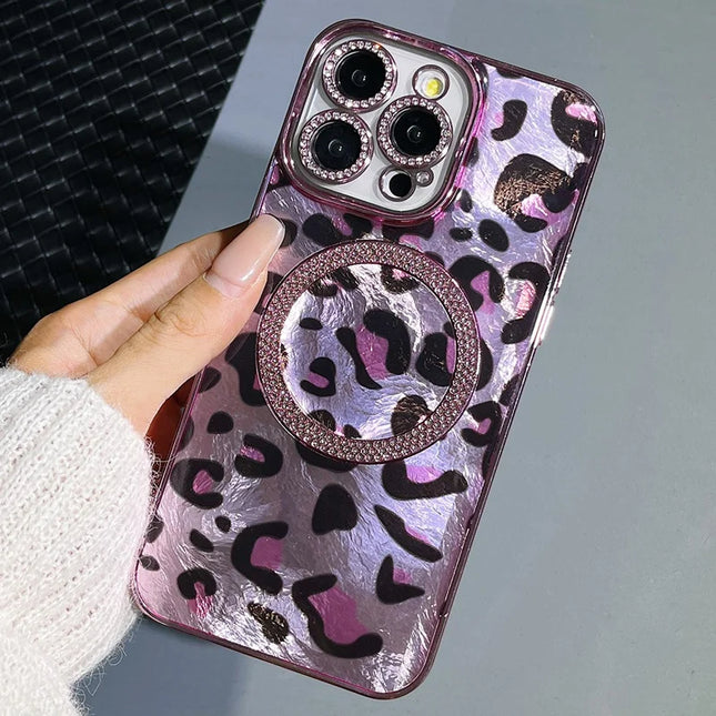 For iPhone 15 Pro Max Case Compatible with MagSafe Epoxy Shockproof Phone Cover Leopard Print - Pink
