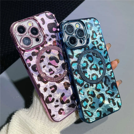 For iPhone 15 Pro Max Case Compatible with MagSafe Epoxy Shockproof Phone Cover Leopard Print