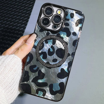 For iPhone 15 Pro Max Case Compatible with MagSafe Epoxy Shockproof Phone Cover Leopard Print - Black
