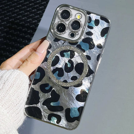 For iPhone 15 Pro Max Case Compatible with MagSafe Epoxy Shockproof Phone Cover Leopard Print - Silver