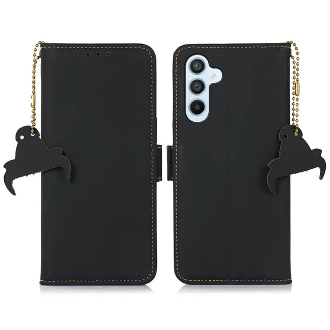 For Samsung Galaxy A26 5G Wallet Case Anti-Drop Genuine Cow Leather Phone Cover RFID Blocking - Black