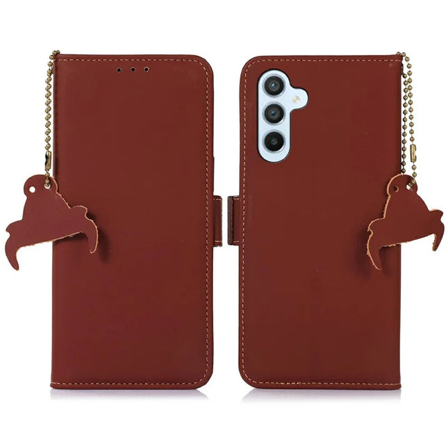 For Samsung Galaxy A26 5G Wallet Case Anti-Drop Genuine Cow Leather Phone Cover RFID Blocking - Coffee