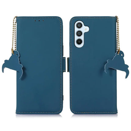 For Samsung Galaxy A26 5G Wallet Case Anti-Drop Genuine Cow Leather Phone Cover RFID Blocking - Blue