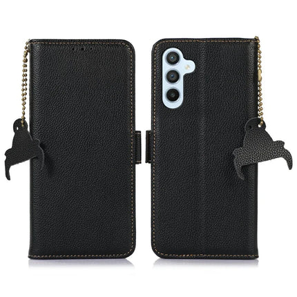 For Samsung Galaxy A26 5G Case RFID Blocking Textured Genuine Cow Leather Phone Cover - Black