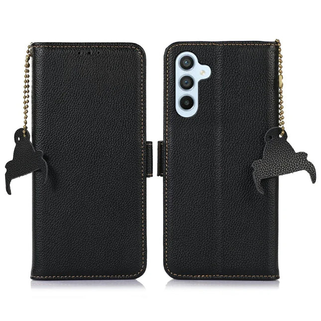 For Samsung Galaxy A26 5G Case RFID Blocking Textured Genuine Cow Leather Phone Cover - Black