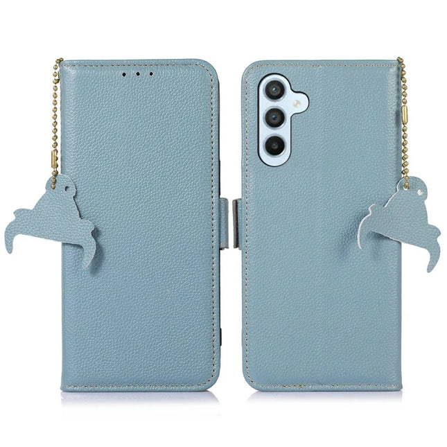For Samsung Galaxy A26 5G Case RFID Blocking Textured Genuine Cow Leather Phone Cover - Blue
