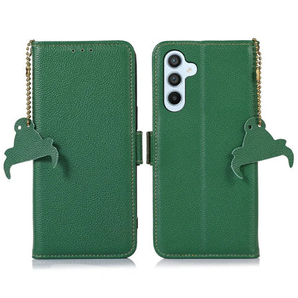 For Samsung Galaxy A26 5G Case RFID Blocking Textured Genuine Cow Leather Phone Cover - Green