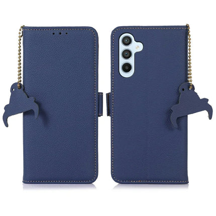 For Samsung Galaxy A56 5G Case RFID Blocking Textured Genuine Cow Leather Phone Cover - Sapphire