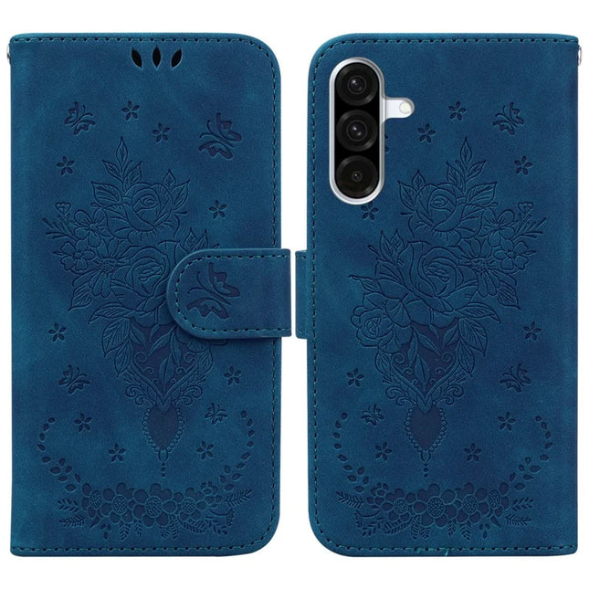 For Samsung Galaxy A26 5G Case PU Leather Wallet Phone Cover Butterfly Flower Imprint - Blue