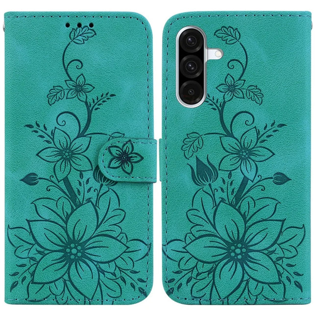 For Samsung Galaxy A26 5G Case Lily Flower Imprint Leather Phone Cover with Stand - Green