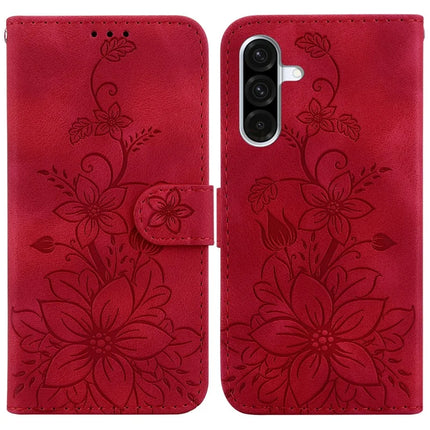 For Samsung Galaxy A26 5G Case Lily Flower Imprint Leather Phone Cover with Stand - Red