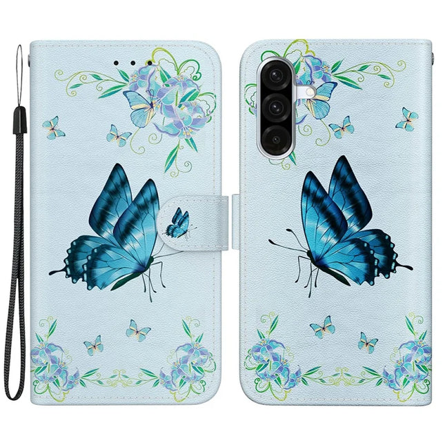 For Samsung Galaxy A26 5G Wallet Phone Case Anti-Drop Leather Flip Cover Pattern Printing - Blue Butterfly Flower