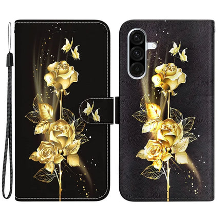For Samsung Galaxy A26 5G Wallet Phone Case Anti-Drop Leather Flip Cover Pattern Printing - Gold Butterfly Rose