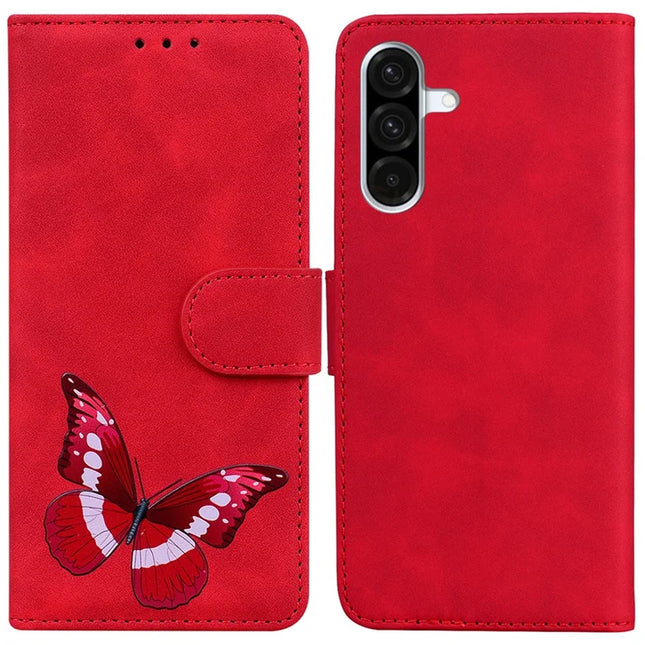 For Samsung Galaxy A26 5G Stand Case PU Leather Phone Cover Butterfly Printed - Red