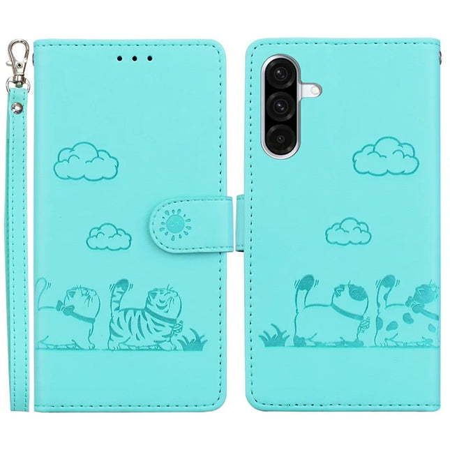 For Samsung Galaxy A26 5G Case RFID Blocking Kitten Pattern TPU+PU Leather Phone Cover - Green